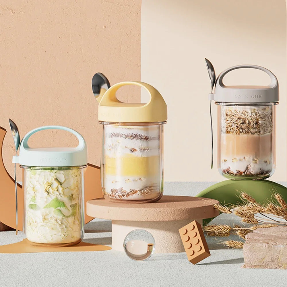 Bocal hermétique 430 ml pour Overnight Oats, yaourt & snacks – Verre premium avec couvercle bambou + cuillère