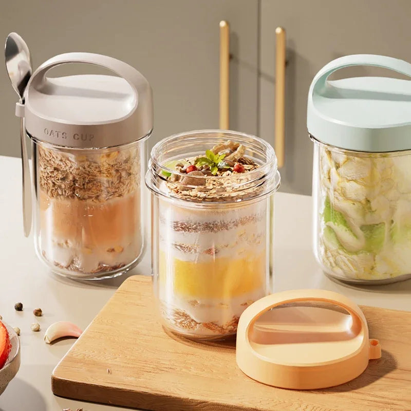 Bocal hermétique 430 ml pour Overnight Oats, yaourt & snacks – Verre premium avec couvercle bambou + cuillère