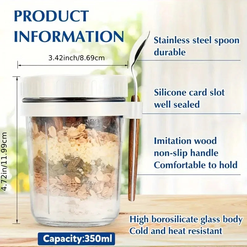 350ML Overnight Oat jar - en verre 100% hermétiques – Couvercle bambou & cuillère