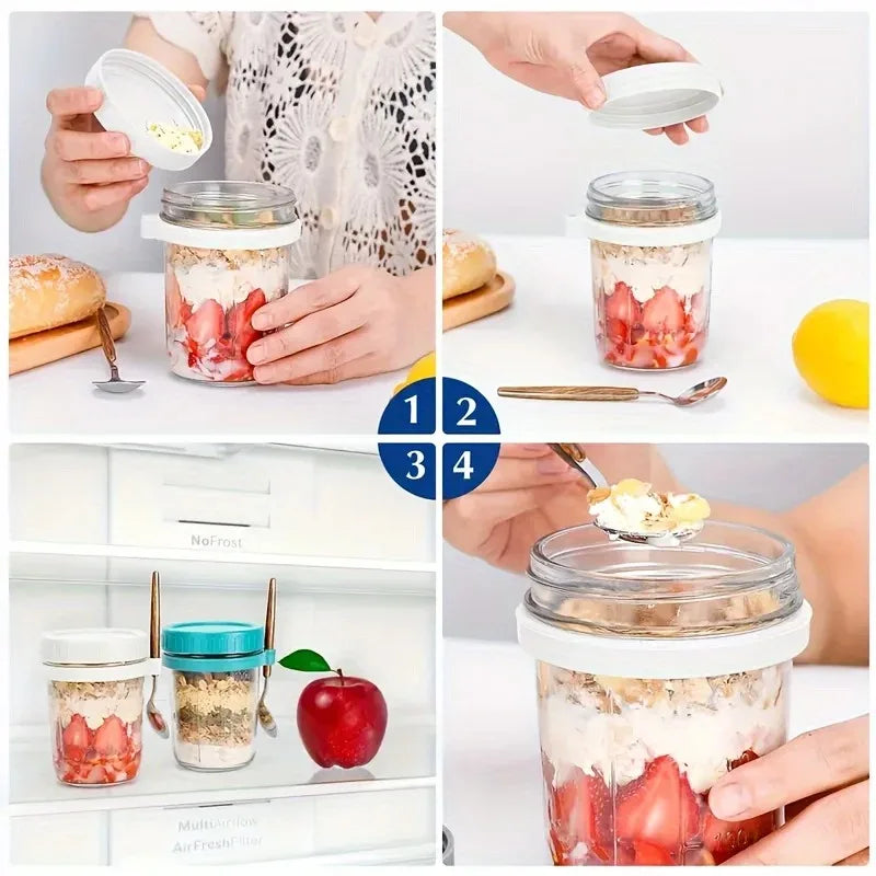350ML Overnight Oat jar - en verre 100% hermétiques – Couvercle bambou & cuillère