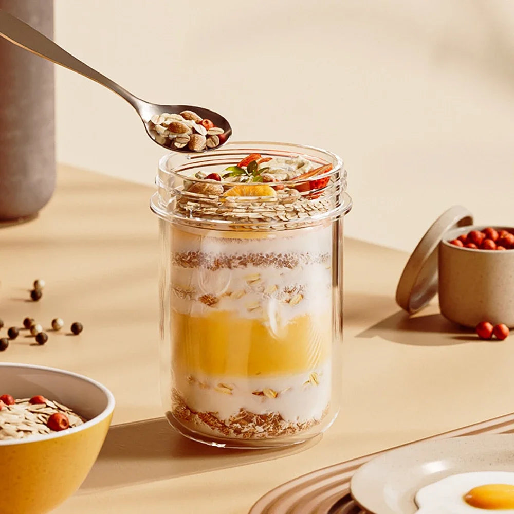 Bocal hermétique 430 ml pour Overnight Oats, yaourt & snacks – Verre premium avec couvercle bambou + cuillère