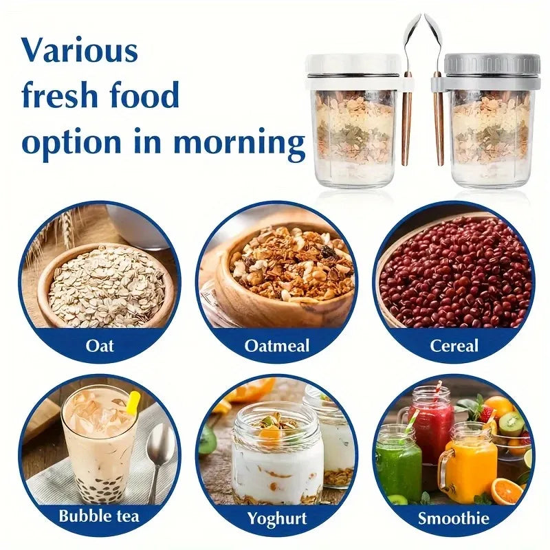 350ML Overnight Oat jar - en verre 100% hermétiques – Couvercle bambou & cuillère